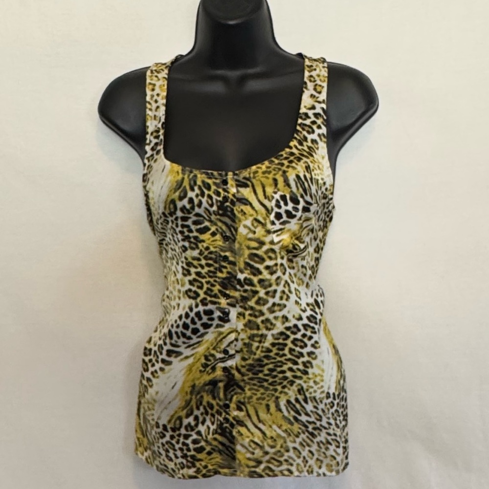 D-124 Kensie Yellow Black & White Animal Print Sleeveless Racer Back Blouse Sz S